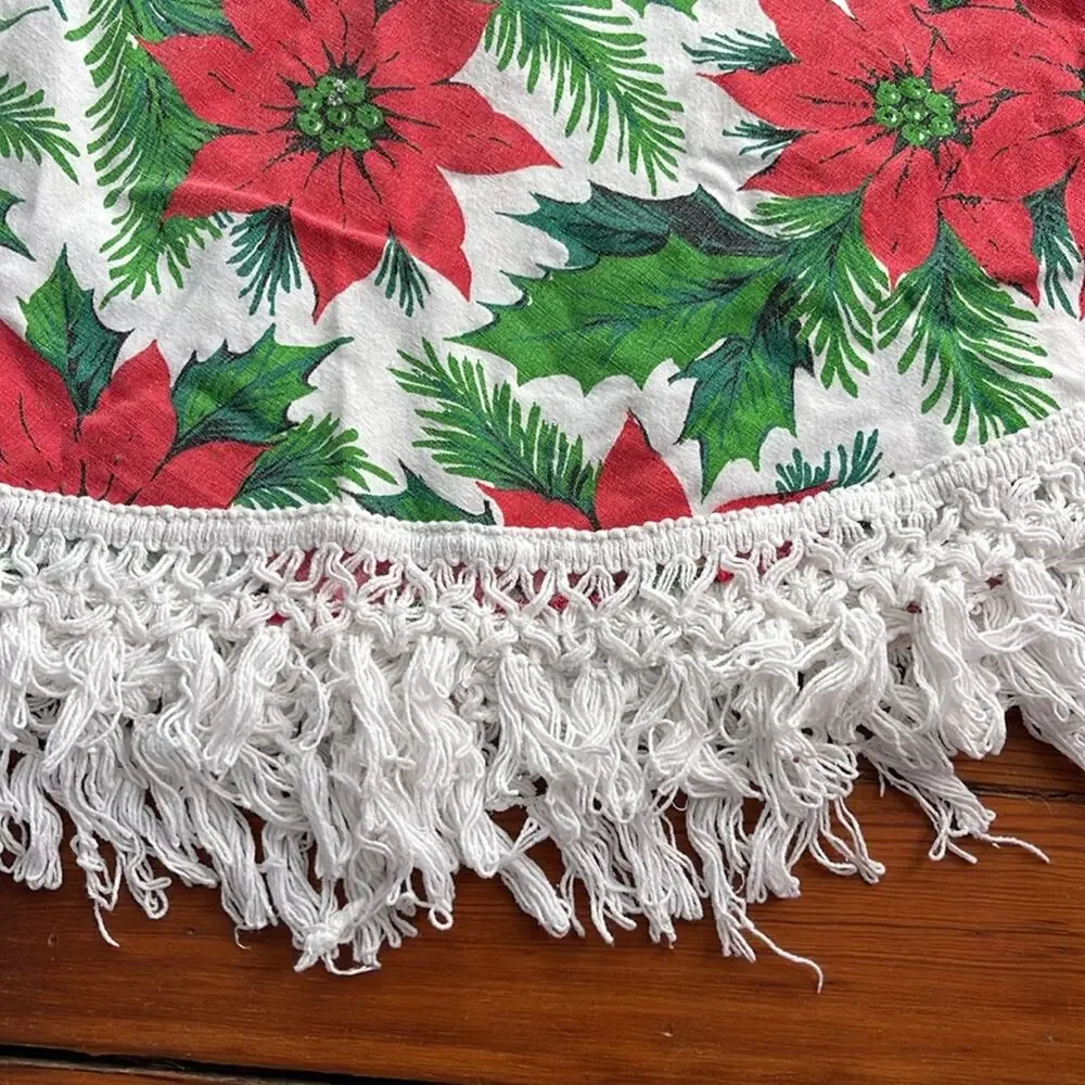 Vintage MCM Poinsettia print fringe hem oval Christmas holiday tablecloth